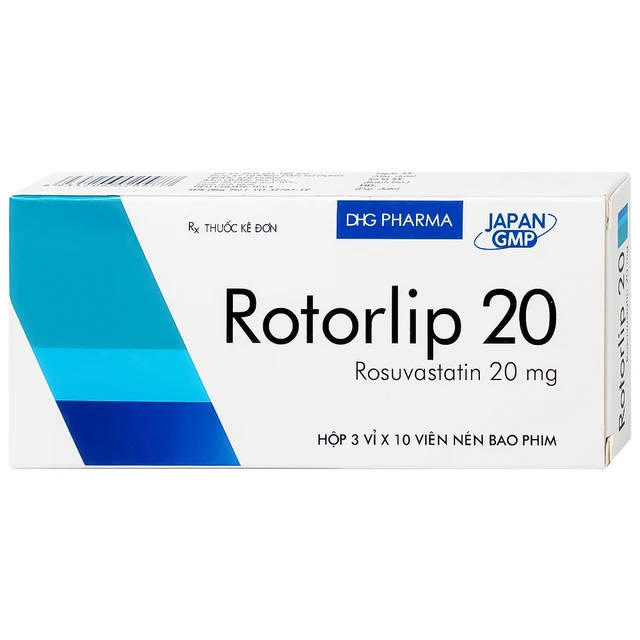 Thuốc Rotorlip 20 DHG điều trị tăng cholesterol máu, dự phòng biến cố tim mạch (3 vỉ x 10 viên).webp