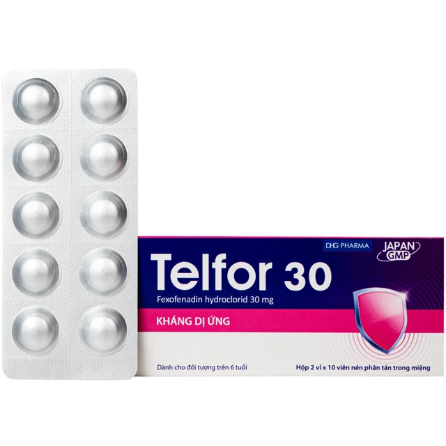 Thuốc Telfor 30mg DHG điều trị viêm mũi dị ứng, mày đay cho trẻ em (2 vỉ x 10 viên).webp