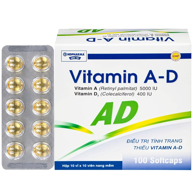 Thuốc Vitamin A-D Hdpharma dùng dự phòng và điều trị các triệu chứng do thiếu vitamin A - D (10 vỉ x 10 viên).webp