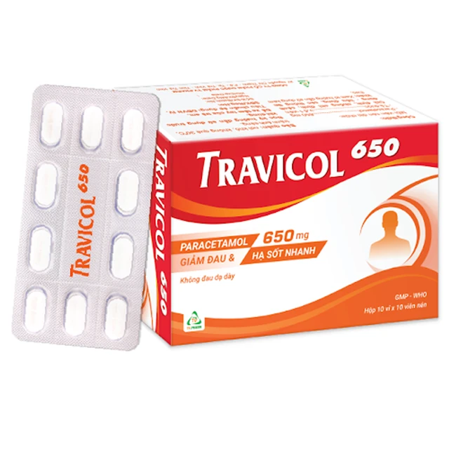 Thuốc Travicol 650 TV.Pharm hạ sốt, giảm đau (10 vỉ x 10 viên).webp