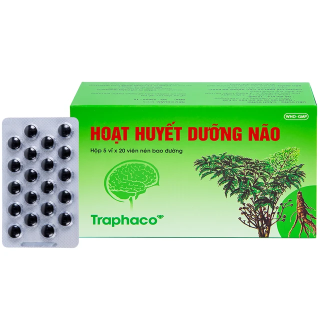 Viên bao đường Hoạt Huyết Dưỡng Não Traphaco cải thiện trí nhớ, giảm đau đầu (5 vỉ x 20 viên).webp