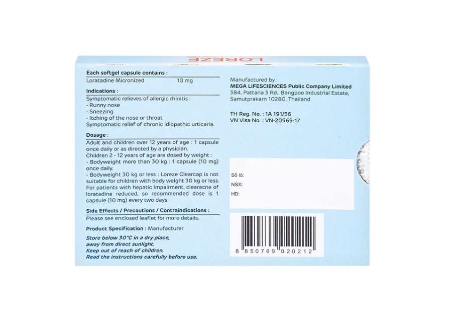 Viên nang mềm Loreze 10mg MEGA We care điều trị viêm mũi dị ứng, mày đay (5 vỉ x 10 viên).webp