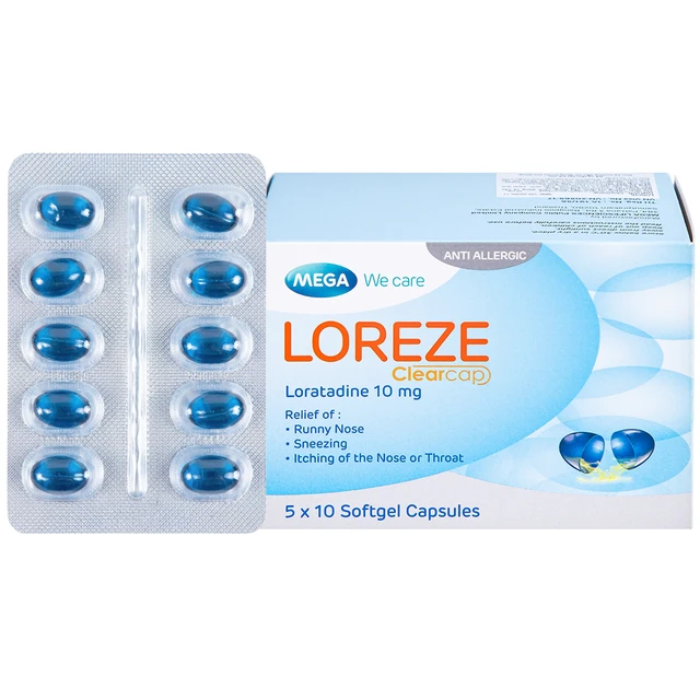 Viên nang mềm Loreze 10mg MEGA We care điều trị viêm mũi dị ứng, mày đay (5 vỉ x 10 viên).webp