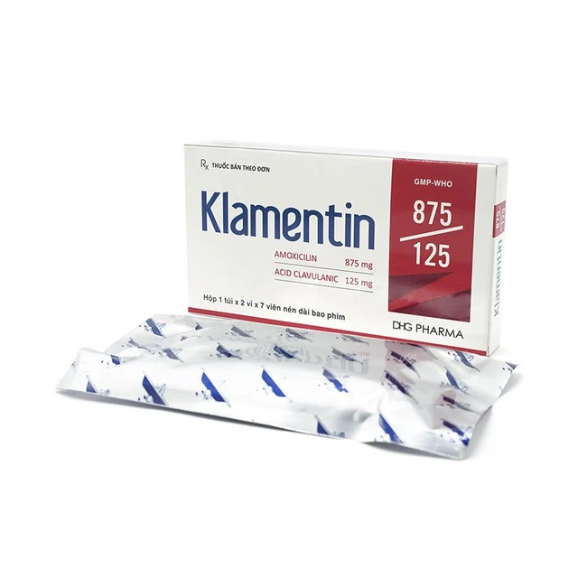 Viên nén Klamentin 875-125 DHG Pharma điều trị viêm xoang, viêm tai giữa, viêm phế quản (2 vỉ x 7 viên).webp