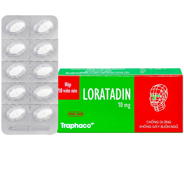 Viên nén Loratadin 10mg Traphaco giảm viêm mũi dị ứng, viêm kết mạc, ngứa và mày đay (1 vỉ x 10 viên).webp