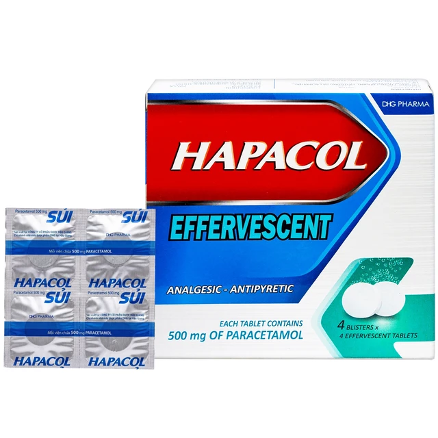 Viên sủi Hapacol 500 DHG giảm đau, hạ sốt (4 vỉ x 4 viên).webp