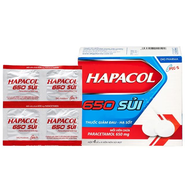 Viên sủi Hapacol 650 DHG điều trị các cơn đau có cường độ nhẹ đến trung bình và sốt (4 vỉ x 4 viên).webp