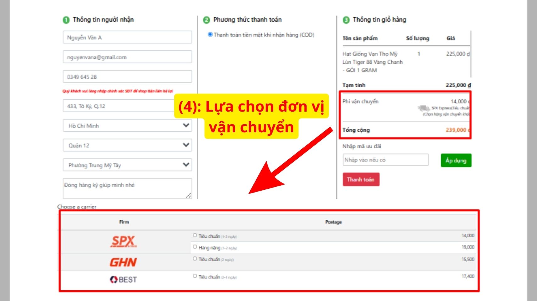 Bước 6: Chọn phương thức vận chuyển và thanh toán