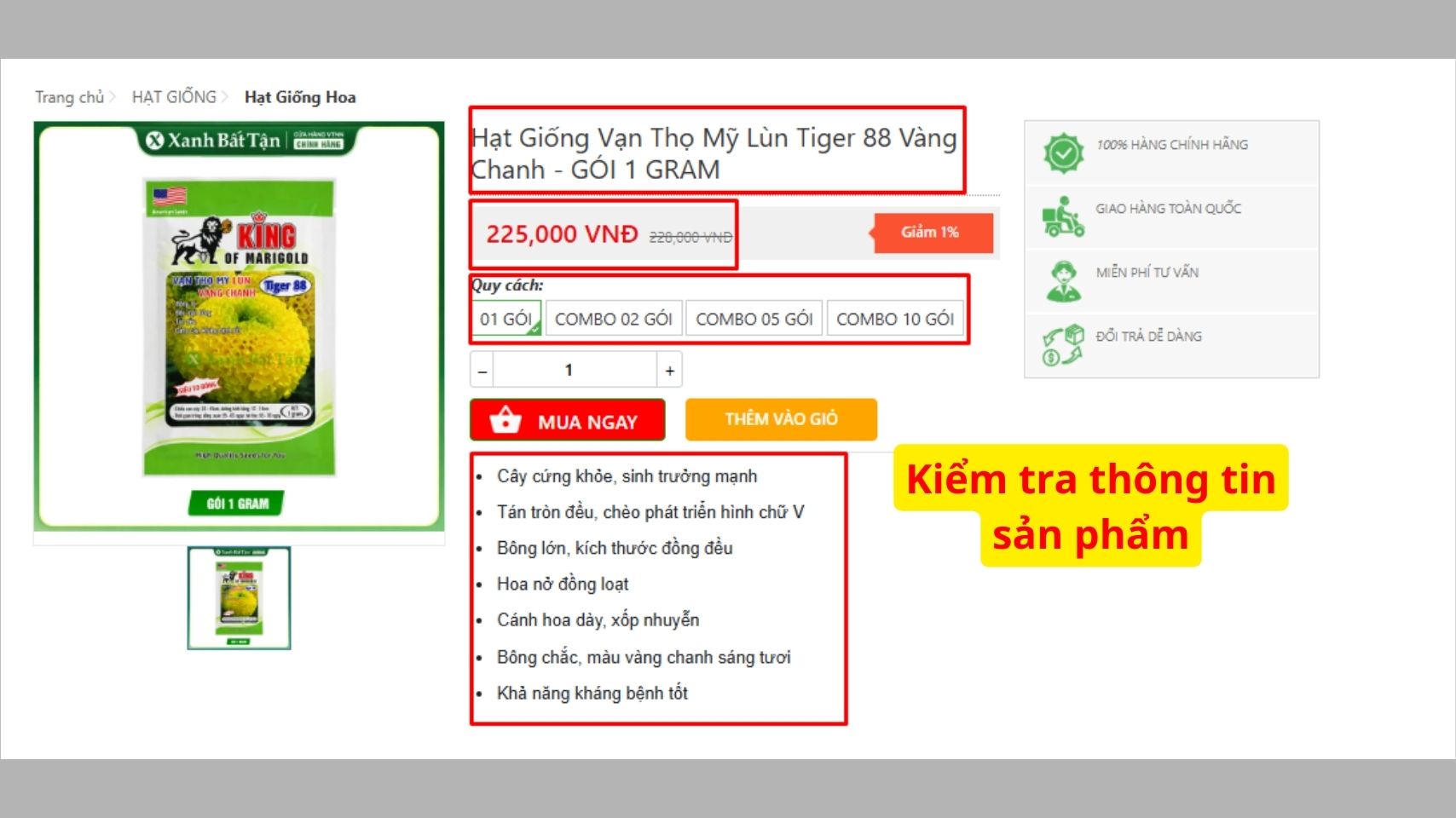 Bước 2: Xem thông tin và lựa chọn quy cách sản phẩm