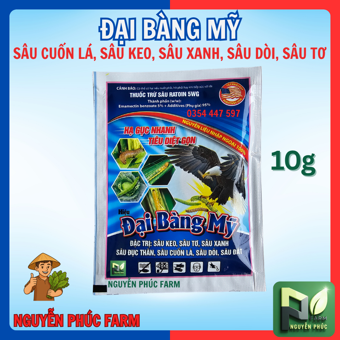 [Hộp 100 gói] Trừ sâu Đại Bàng Mỹ gói 10g - trị sâu vẽ bùa, sâu keo, sâu tơ, dòi đục lá, đục thân, ...