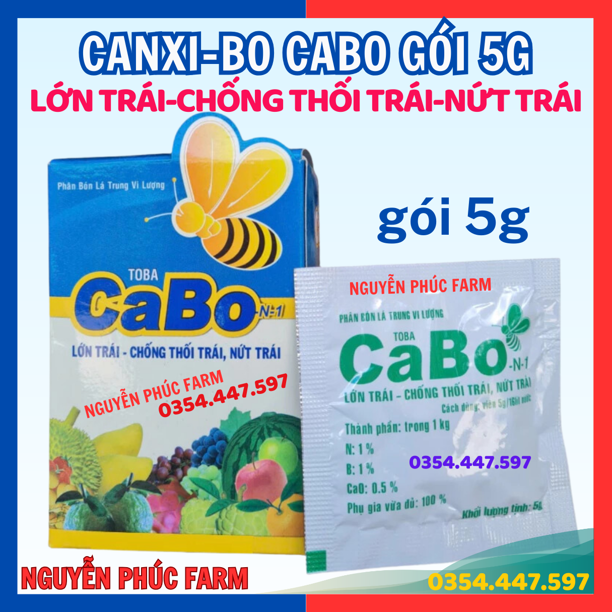 1 gói Phân Bón Canxi+Bo Chống Rụng Hoa CaBo (gói 5g), Tăng Đậu Trái, Ngừa Nứt Và Thối Trái