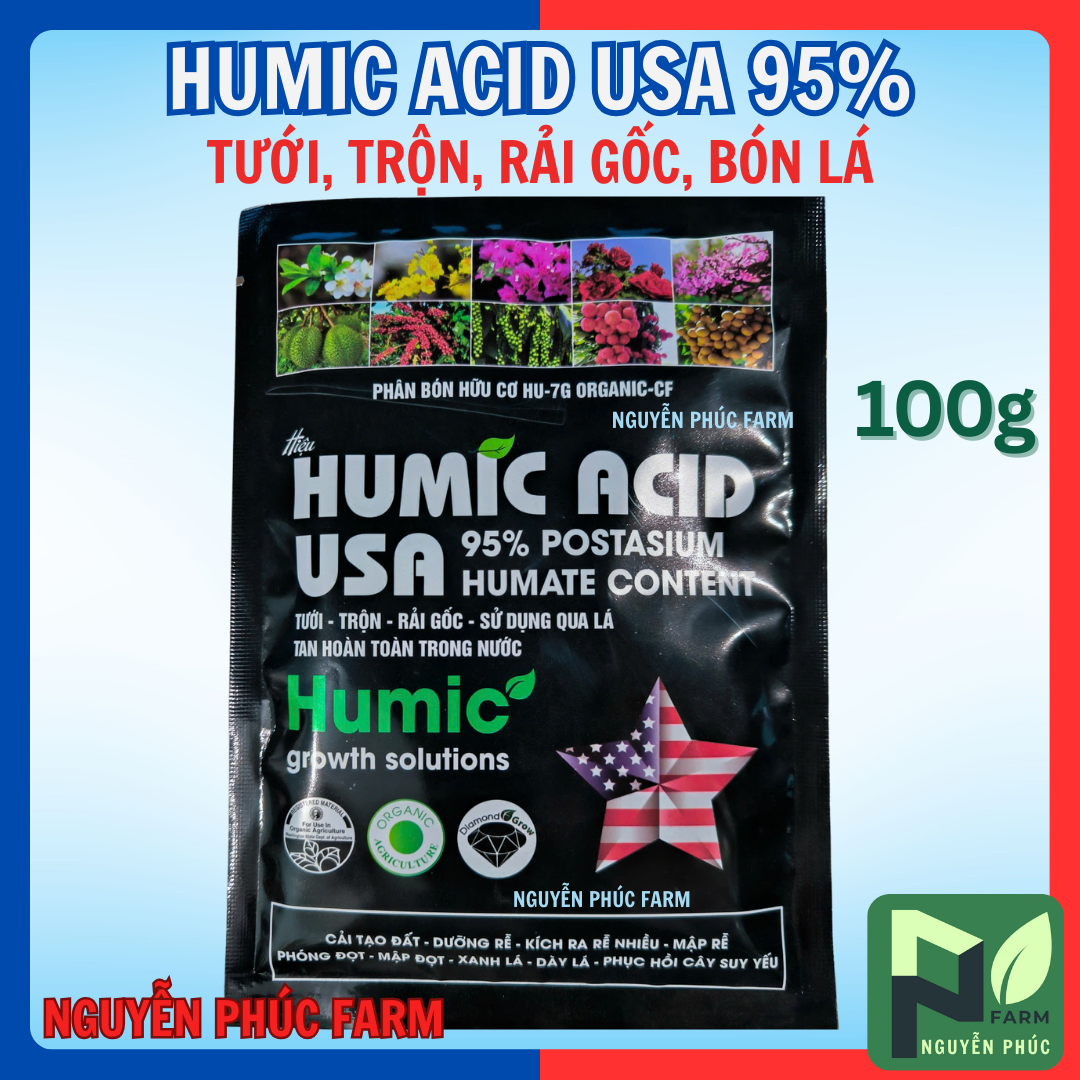 Humic Acid USA 95% gói 100g đen dạng vảy, cải tạo đất, dưỡng rễ, xanh lá, phục hồi cây cty Hải An Khang - Mặc định