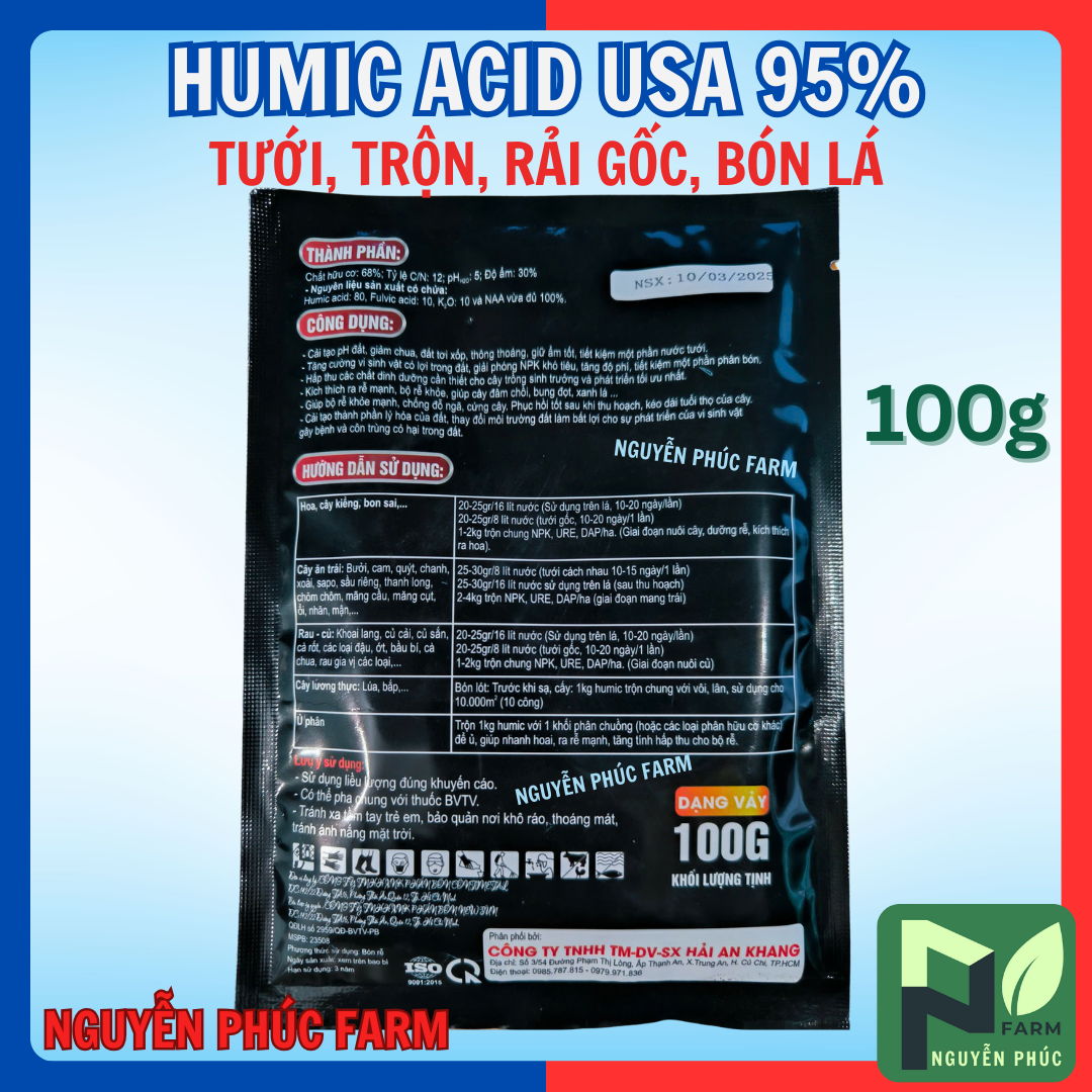 Humic Acid USA 95% gói 100g đen dạng vảy, cải tạo đất, dưỡng rễ, xanh lá, phục hồi cây cty Hải An Khang - Mặc định