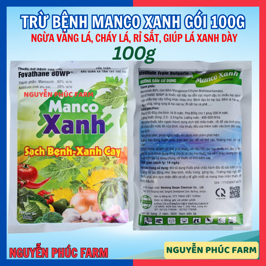 MANCO XANH 100G -FOVATHANE với Mancozeb 80% VIỆT THẮNG- sạch bệnh xanh cây, hiệu quả cao