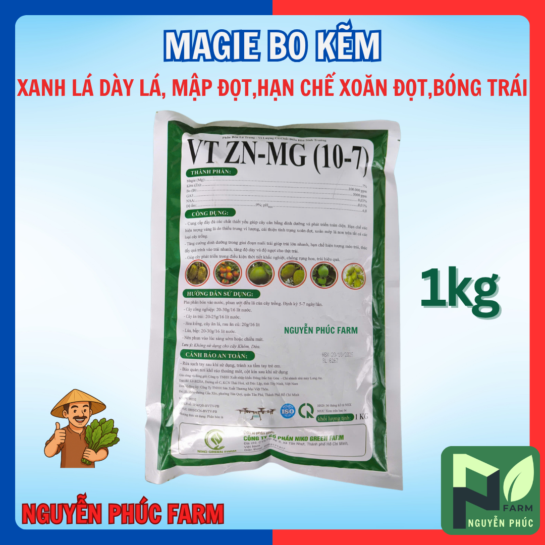 Magie Bo Kẽm gói 1kg Niko- xanh lá, dày lá, mập đọt, chống xoăn đọt, làm bóng trái, ngọt trái, chống rụng cho mai, hoa kiểng, ăn trái, lúa...