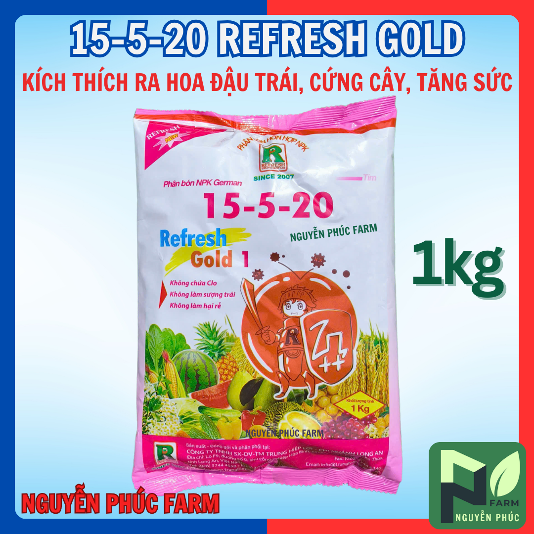 NPK 15-5-20 Refresh Gold tím túi 1kg, kích thích ra hoa đậu trái, cứng cây, phục hồi cây - Mặc định