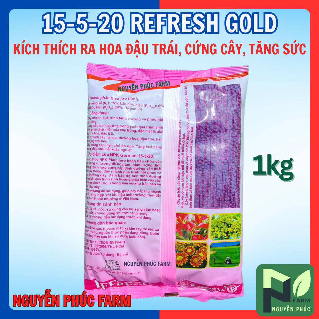 NPK 15-5-20 Refresh Gold tím túi 1kg, kích thích ra hoa đậu trái, cứng cây, phục hồi cây - Mặc định