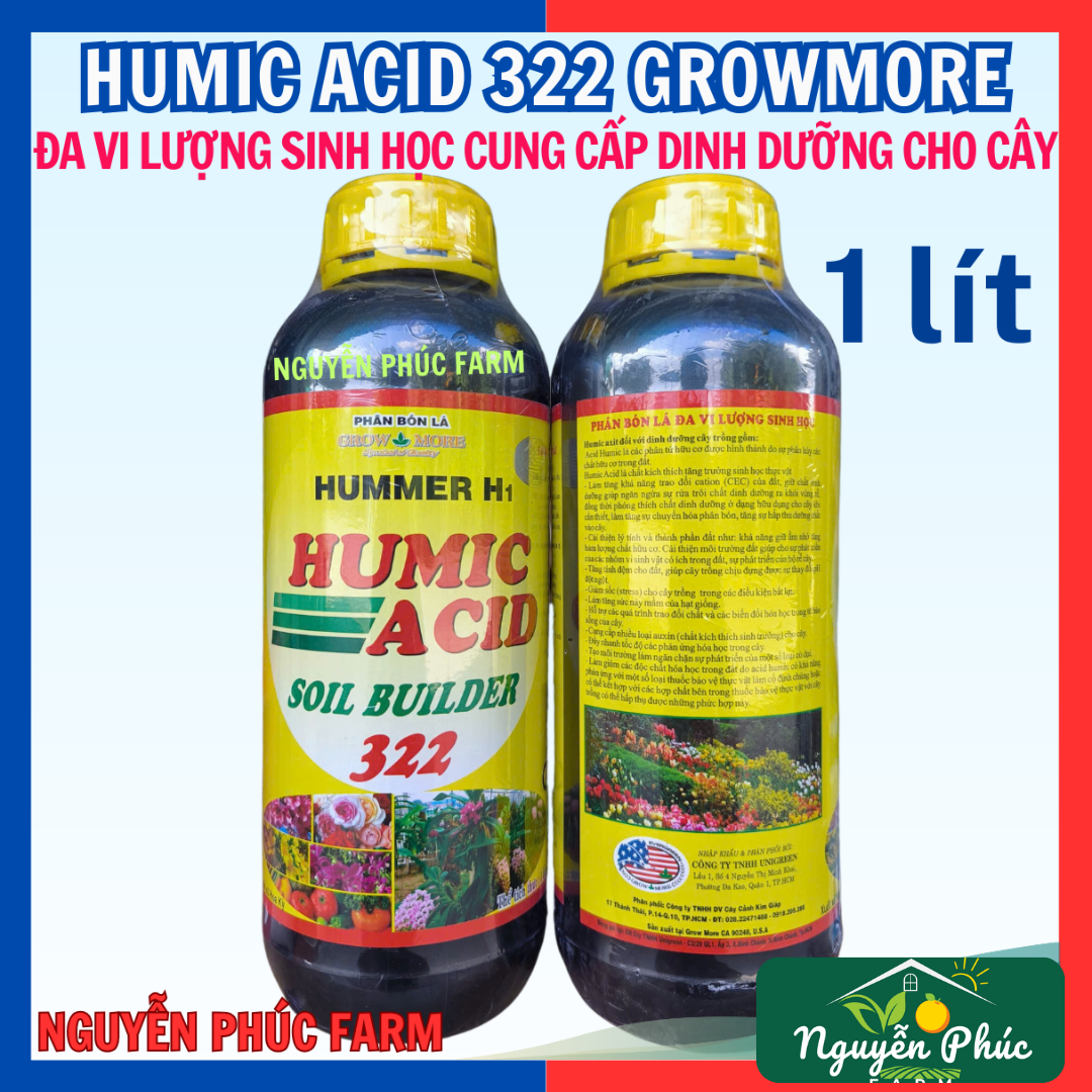 Phân Bón ACID Humic Mỹ 322 (1 lít) Growmore, Humic USA nhập khẩu chính hiệu, kích rễ, bật chồi, giải độc cho cây trồng