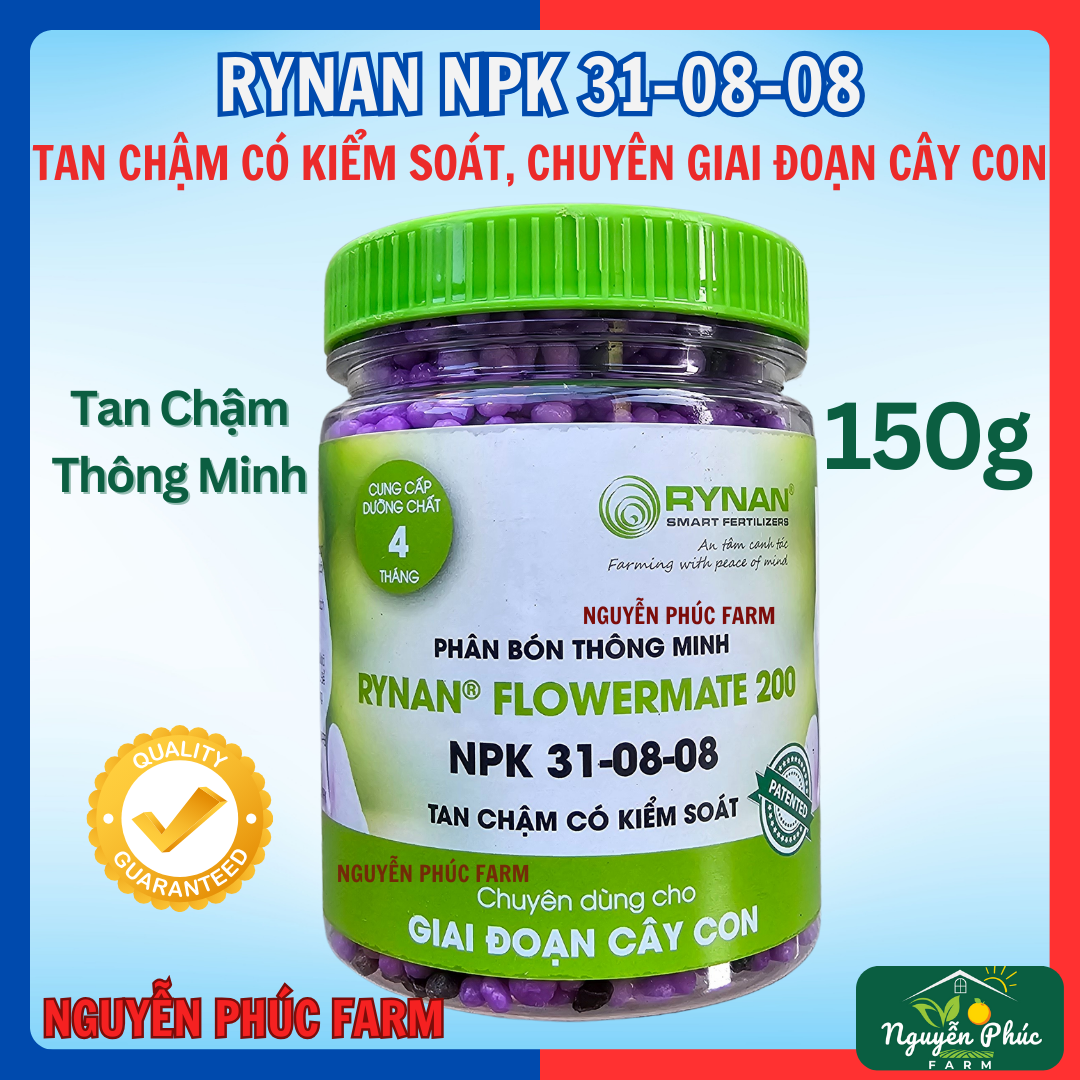Phân Tan Chậm Thông Minh RYNAN 200 (150g),NPK 31-8-8 dùng cho hoa lan, cây kiểng giai đoạn cây con