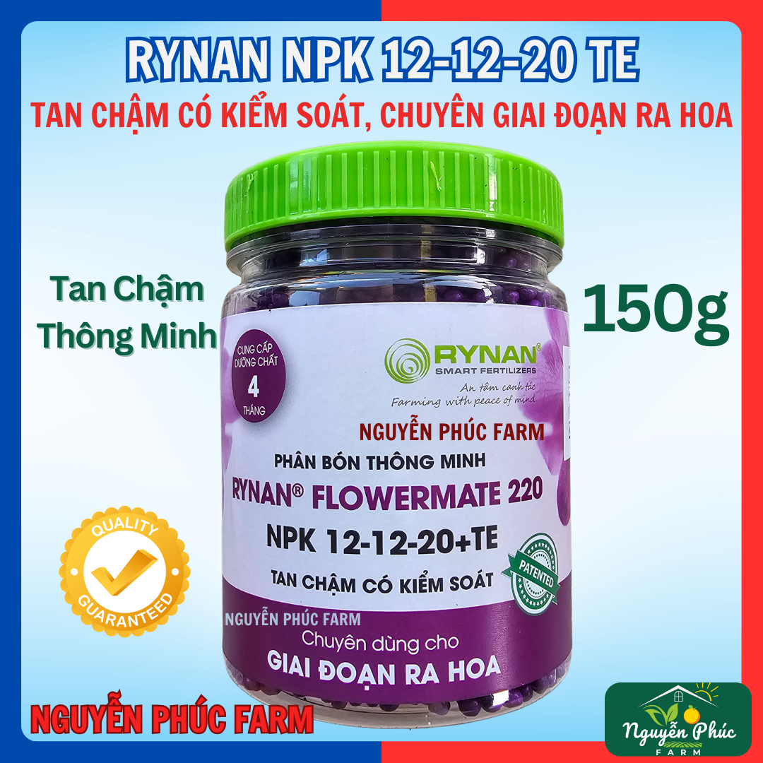 Phân Tan Chậm Thông Minh RYNAN 220 (150g), NPK 12-12-20+TE dùng cho hoa lan, cây kiểng giai đoạn ra hoa