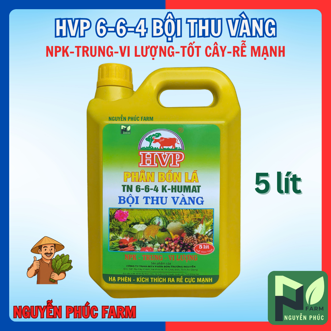 Phân bón HVP 6-6-4 K-Humat Bội thu vàng can 5 lít