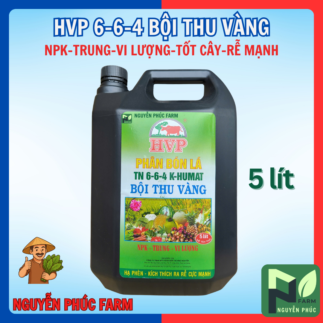 Phân bón lá HVP 6-6-4 K-Humat Bội thu vàng [CAN ĐEN 5 LÍT ]-bổ sung NPK-trung-vi lượng