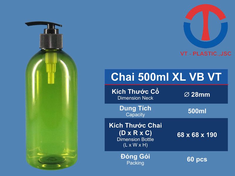 Chai nhựa PET 500ml đựng dầu gội, sữa tắm, nước rửa tay diệt khuẩn sát khuẩn, nước rửa tay khử trùng, vòi nhấn, vòi bơm, nắp bơm, màu xanh, lùn