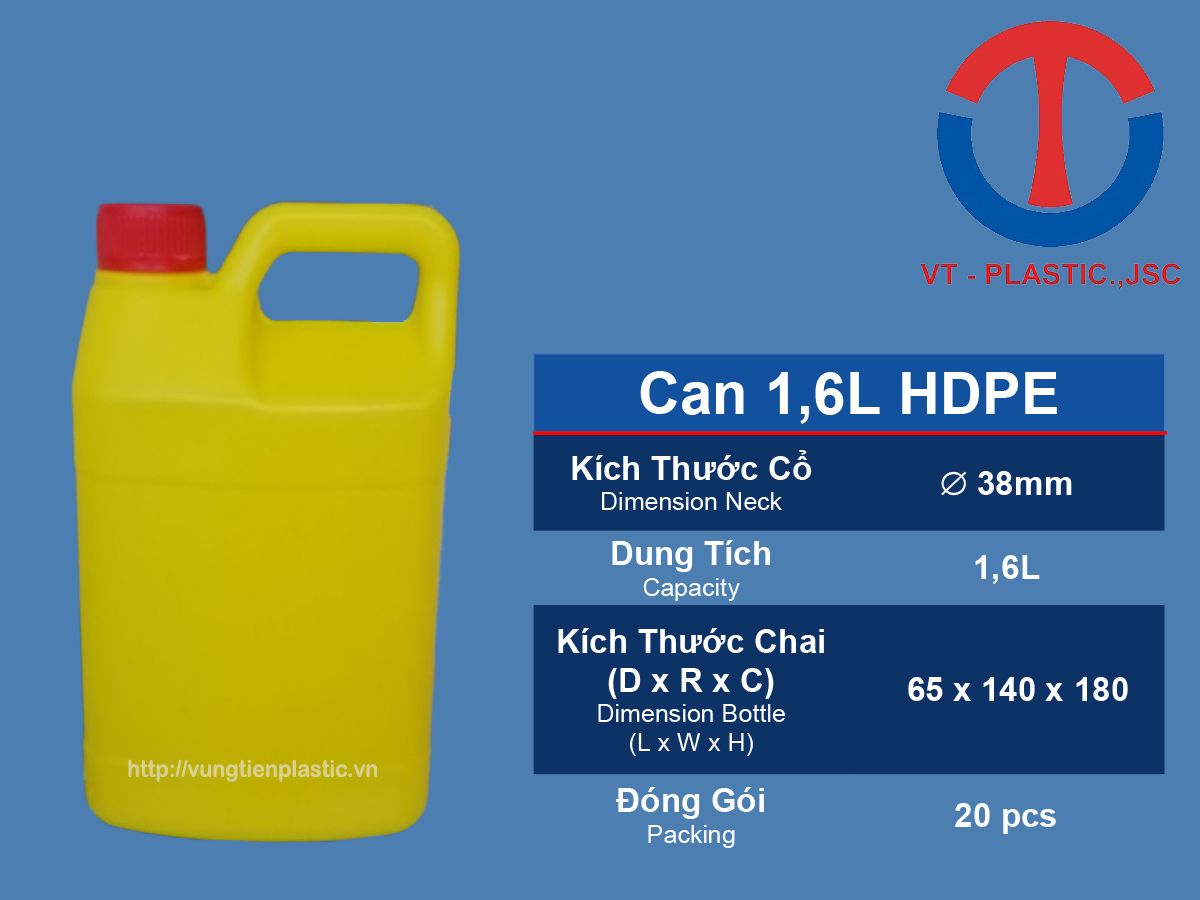 Can 1,6L HDPE Đựng Dầu Ăn, Xăng, Nước Xịt Khuẩn