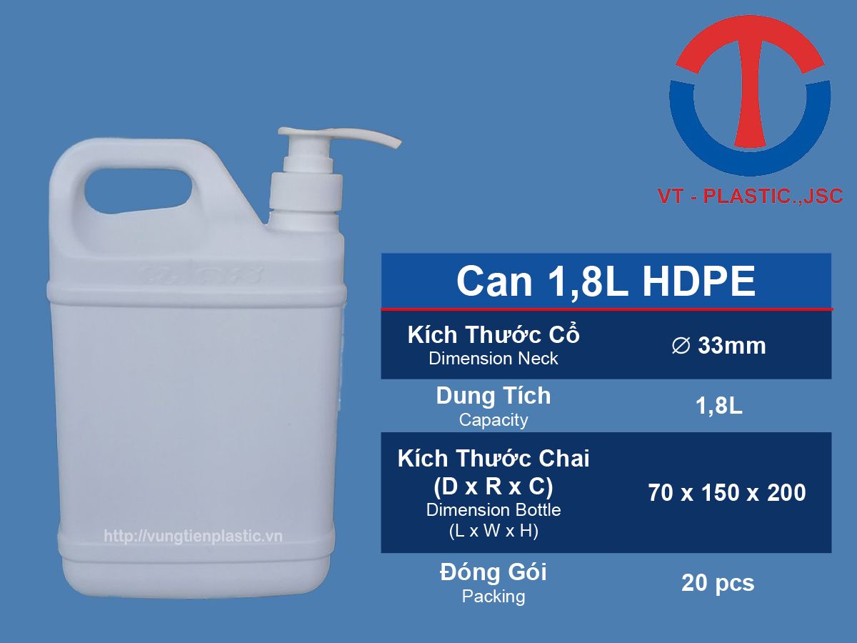 Can 1,8L HDPE Trắng Xà Phòng, Nước Rửa Bát, Nước Tẩy Rửa