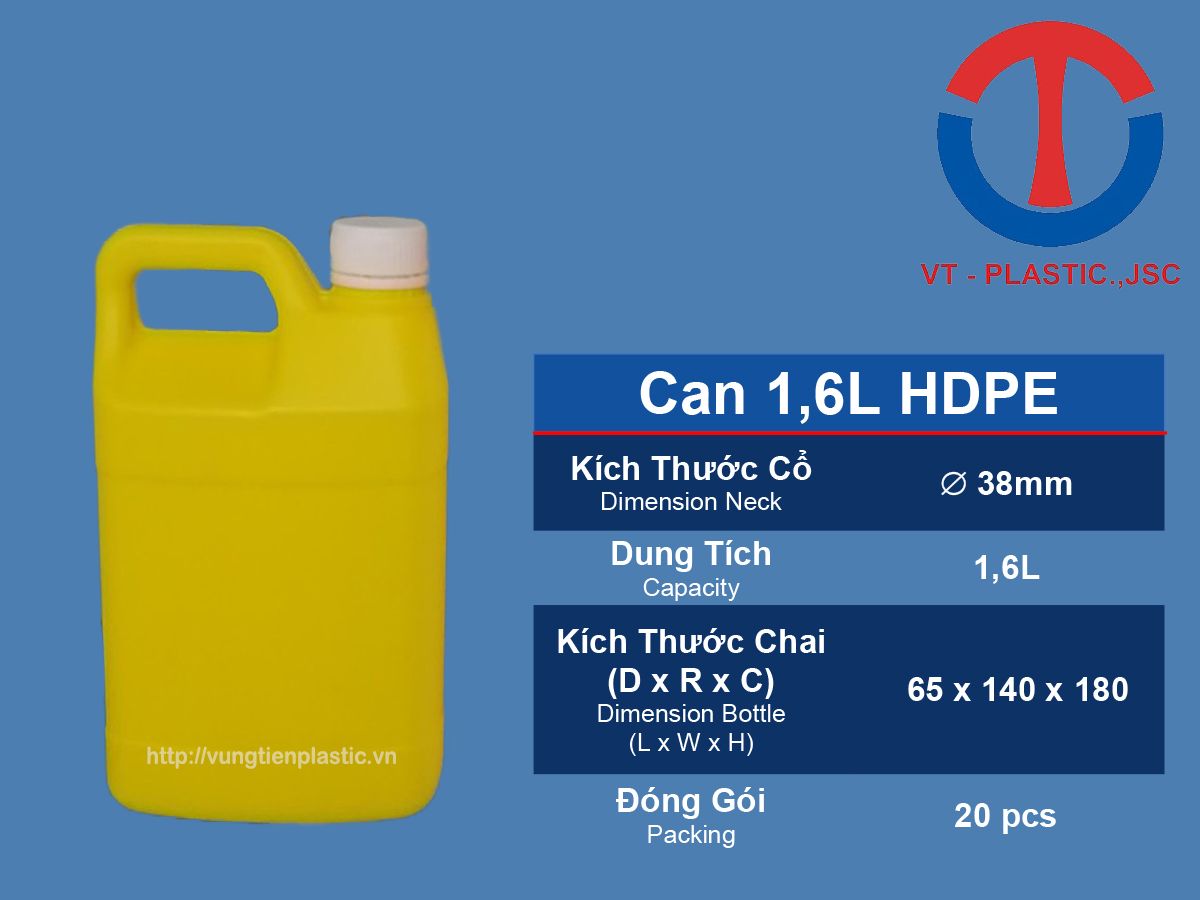 Can 1,6L HDPE Đựng Thuốc Trừ Sâu, Nước Rửa Chén