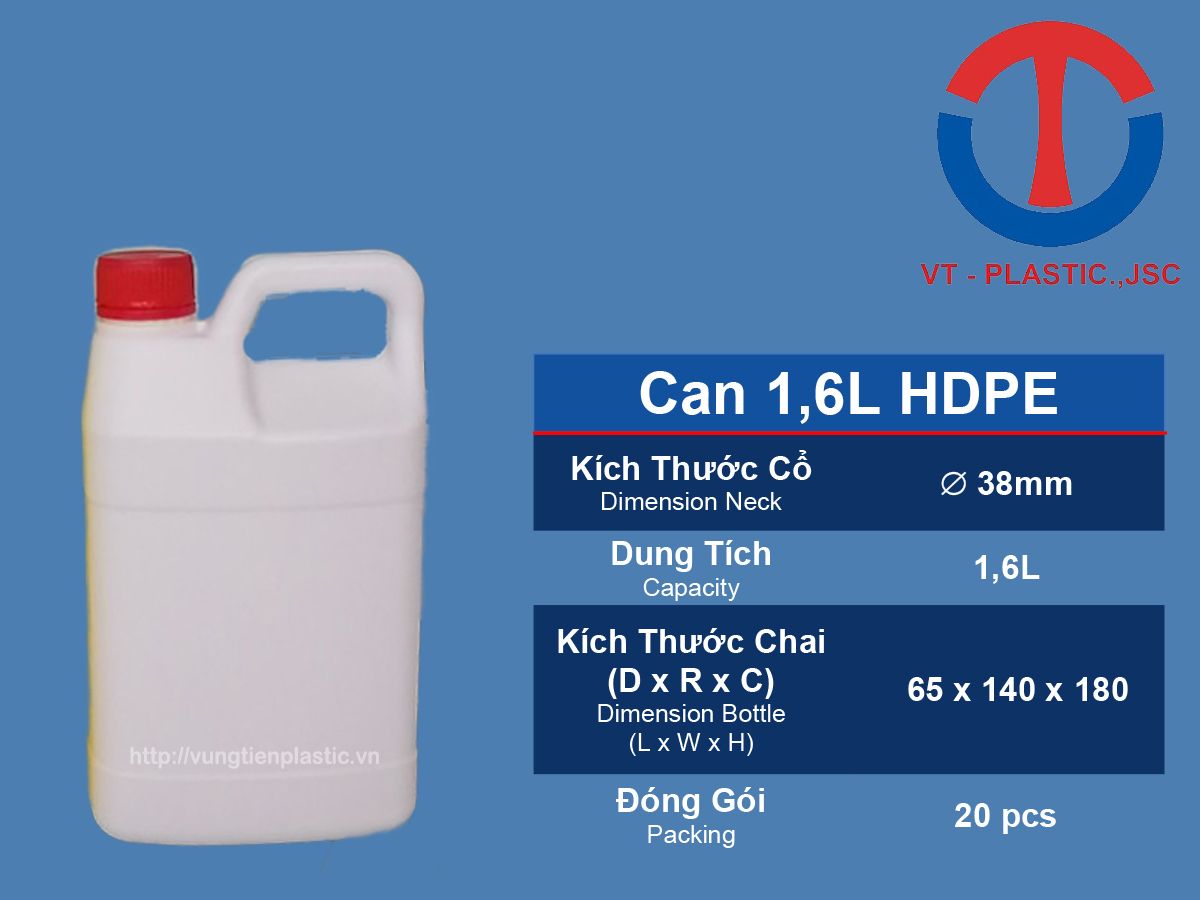 Can 1,6L HDPE Đựng Nước Sả Vải, Nước Giặt, Hóa Chất