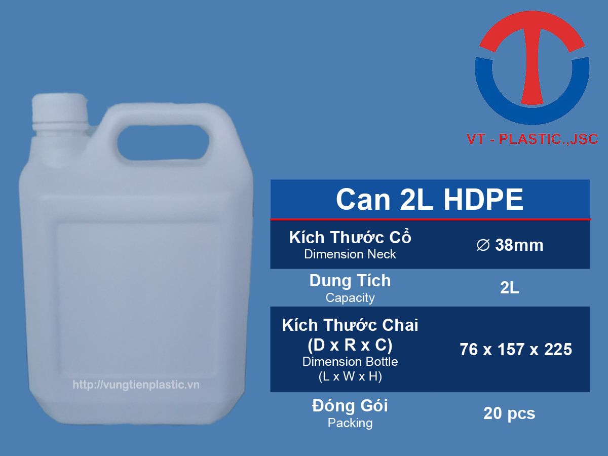 Can 2L HDPE Trắng Đựng Hóa Chất, Nước Tẩy Rửa