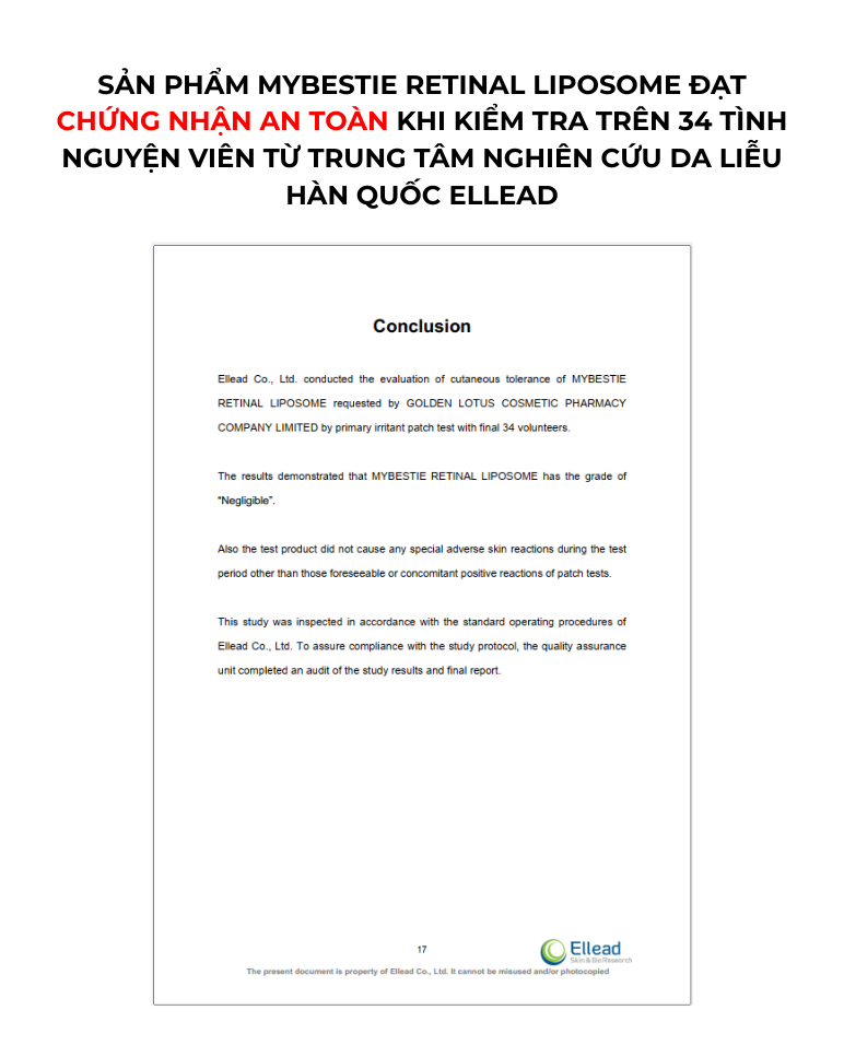 Sản phẩm MYBESTIE RETINAL LIPOSOME đạt chứng nhận an toàn khi kiểm tra trên 34 tình nguyện viên từ trung tâm nghiên cứu da liễu Ellead - Hàn Quốc