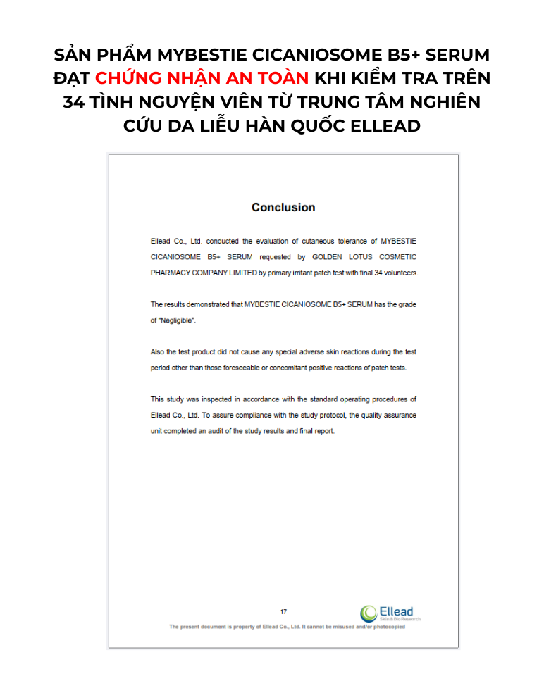 Sản phẩm MYBESTIE CICANIOSOME B5+ SERUM ĐẠT chứng nhận an toàn khi kiểm tra trên 34 tình nguyện viên từ trung tâm nghiên cứu da liễu ELLEAD - HÀN QUỐC