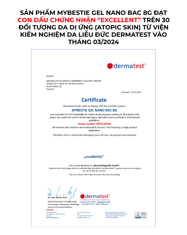 Sản phẩm MYBESTIE GEL NANO BAC 8G ĐẠT con dấu chứng nhận “Excellent” trên 30 đối tượng da dị ứng (Atopic Skin) từ Viện kiểm nghiệm da liễu Đức Dermatest vào tháng 03/2024