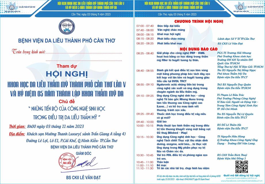 Thông báo lần 3 về việc mời tham dự tại Hội Nghị Khoa học Da Liễu thẫm Mỹ Thành Phố Cần Thơ lần V - Kỷ Niệm 05 năm thành lập khoa Thẩm mỹ da 