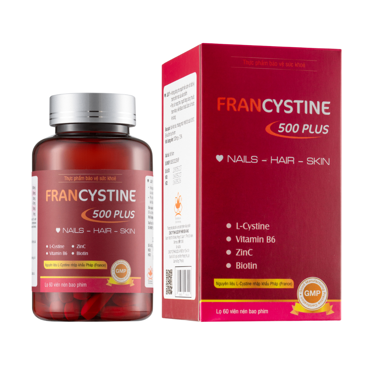 Viên uống FRANCYSTINE 500 PLUS NAILS – HAIR – SKIN hỗ trợ cải thiện sạm da, khô da, giúp tóc, móng chắc khoẻ