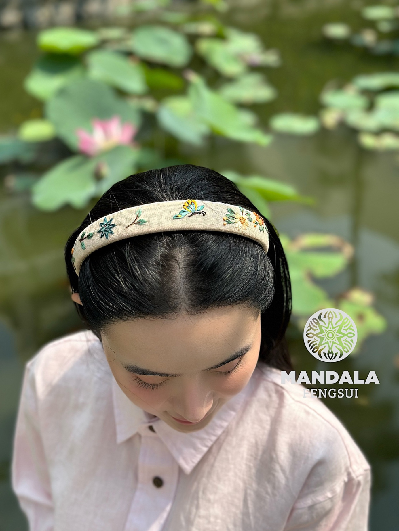 Băng đô thêu tay vintage màu kem Mandala – Phụ kiện tóc thủ công cao cấp