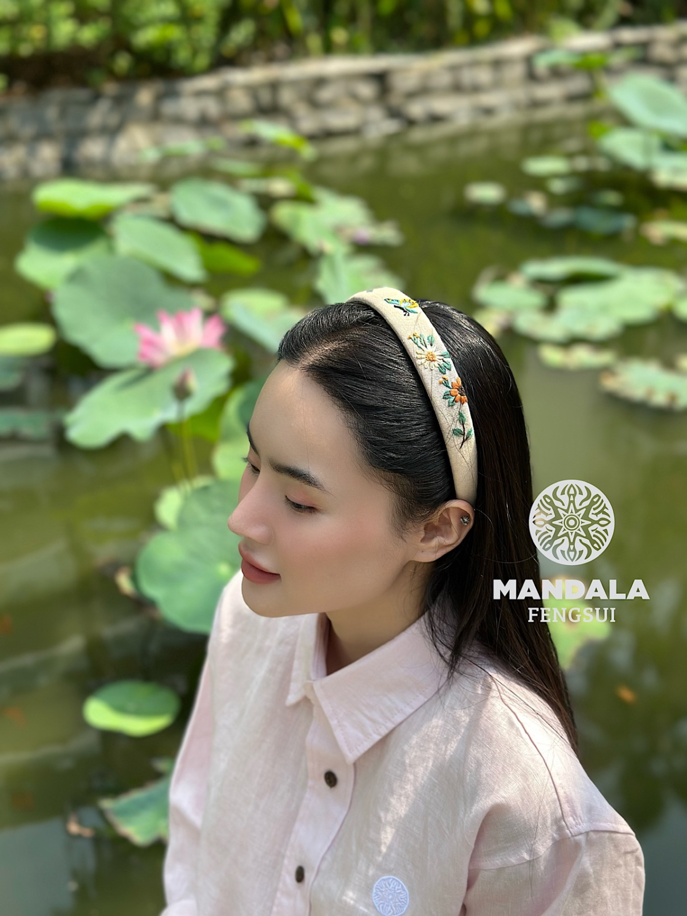 Băng đô thêu tay vintage màu kem Mandala – Phụ kiện tóc thủ công cao cấp