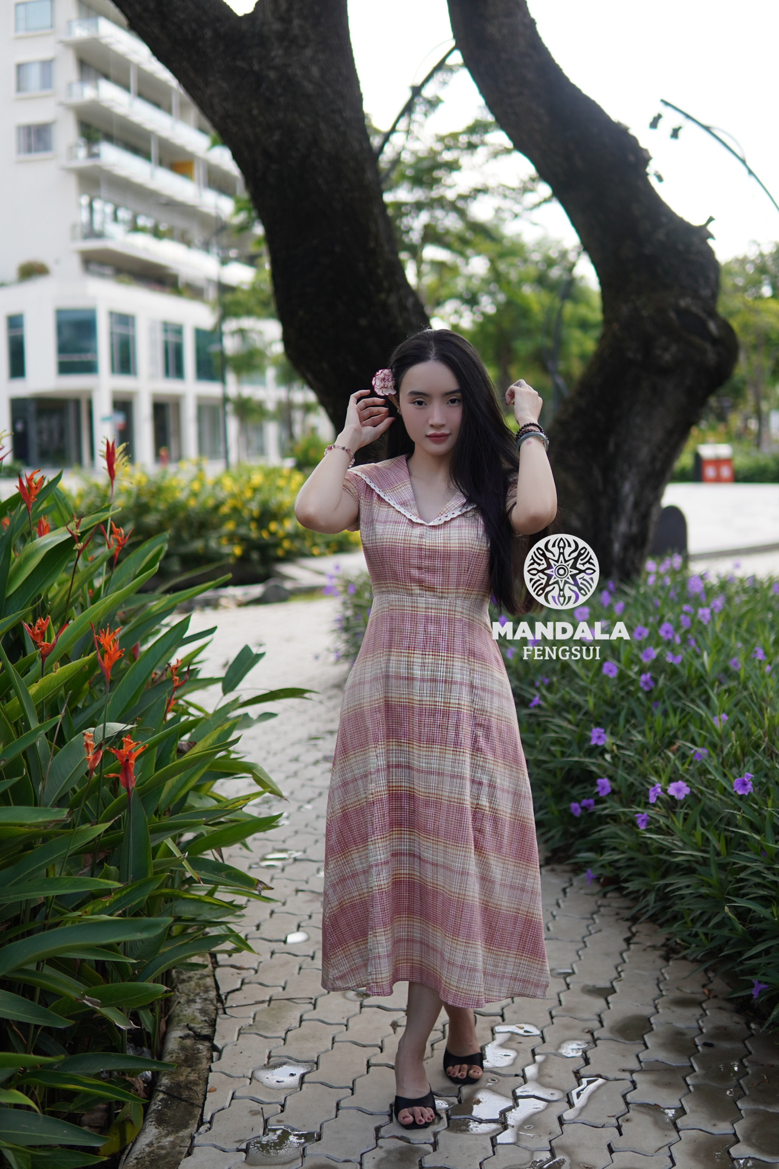 Váy Thạch Trúc Dáng A Cổ Ren Caro Hồng – Mandala