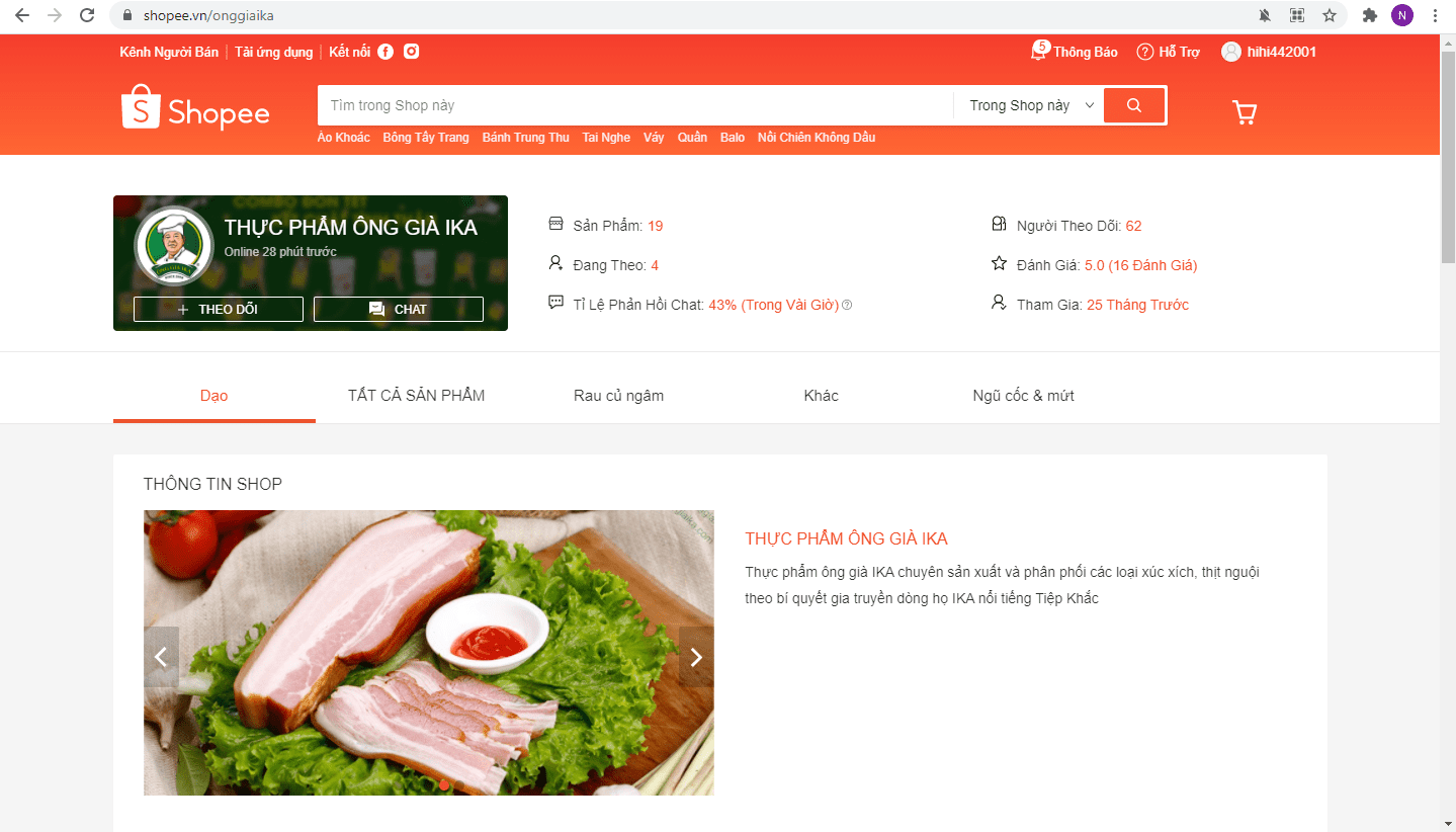 Trang chủ Ông già IKA trên Shopee sau khi truy cập vào đường link thành công