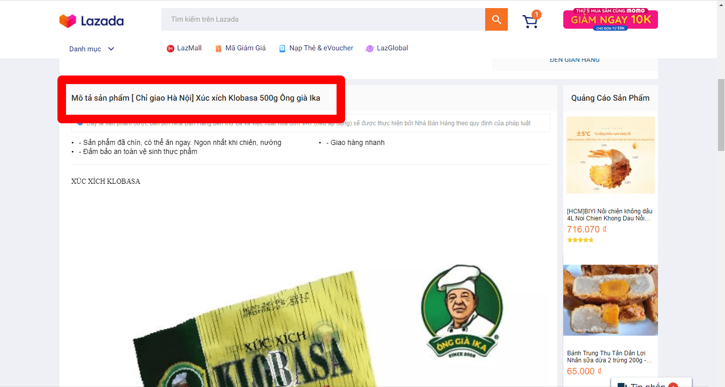 Phần mô tả các thông tin chi tiết về   sản phẩm, ví dụ sản phẩm xúc xích Klobasa IKA