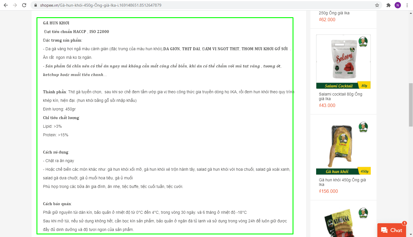 Phần mô tả các thông tin chi tiết về sản phẩm, ví dụ sản phẩm gà hun khói IKA