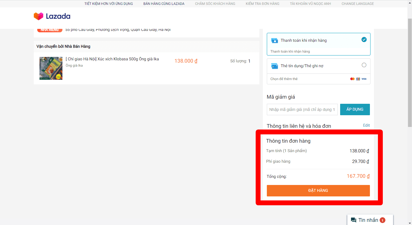 Click vào nút “Đặt hàng” để hoàn tất quá trình   đặt mua hàng Ông già IKA trên Lazada