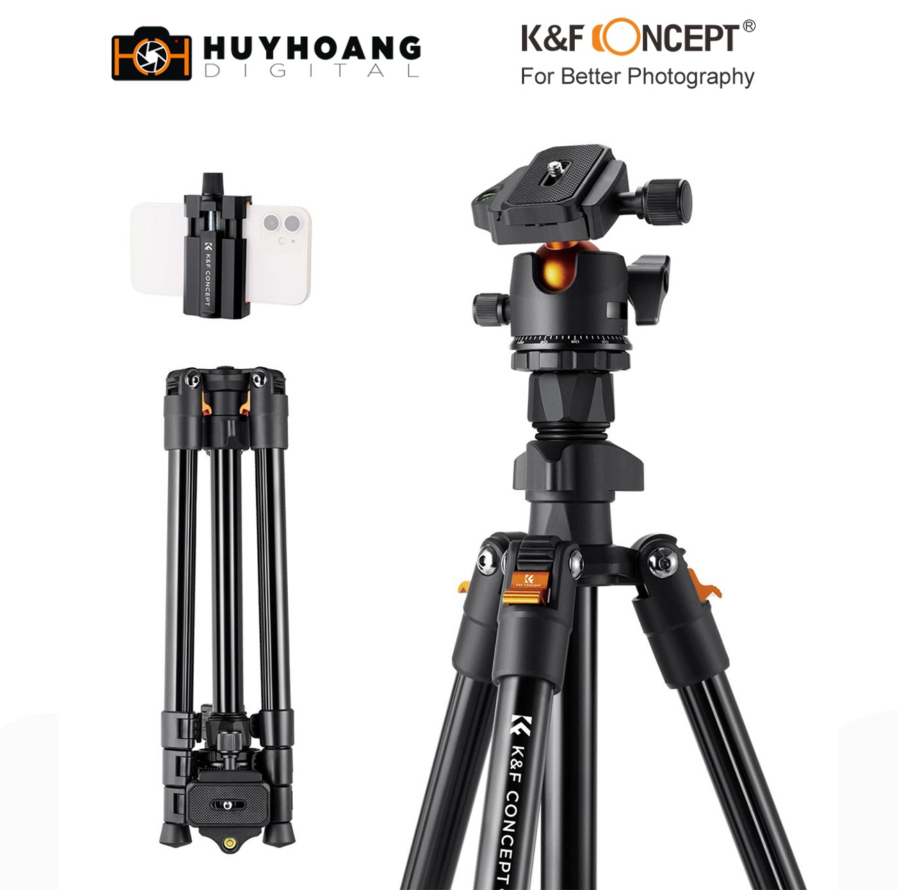 K&F Concept 63.8″ Aluminum Travel Tripod (K234A0+BH‑28L)