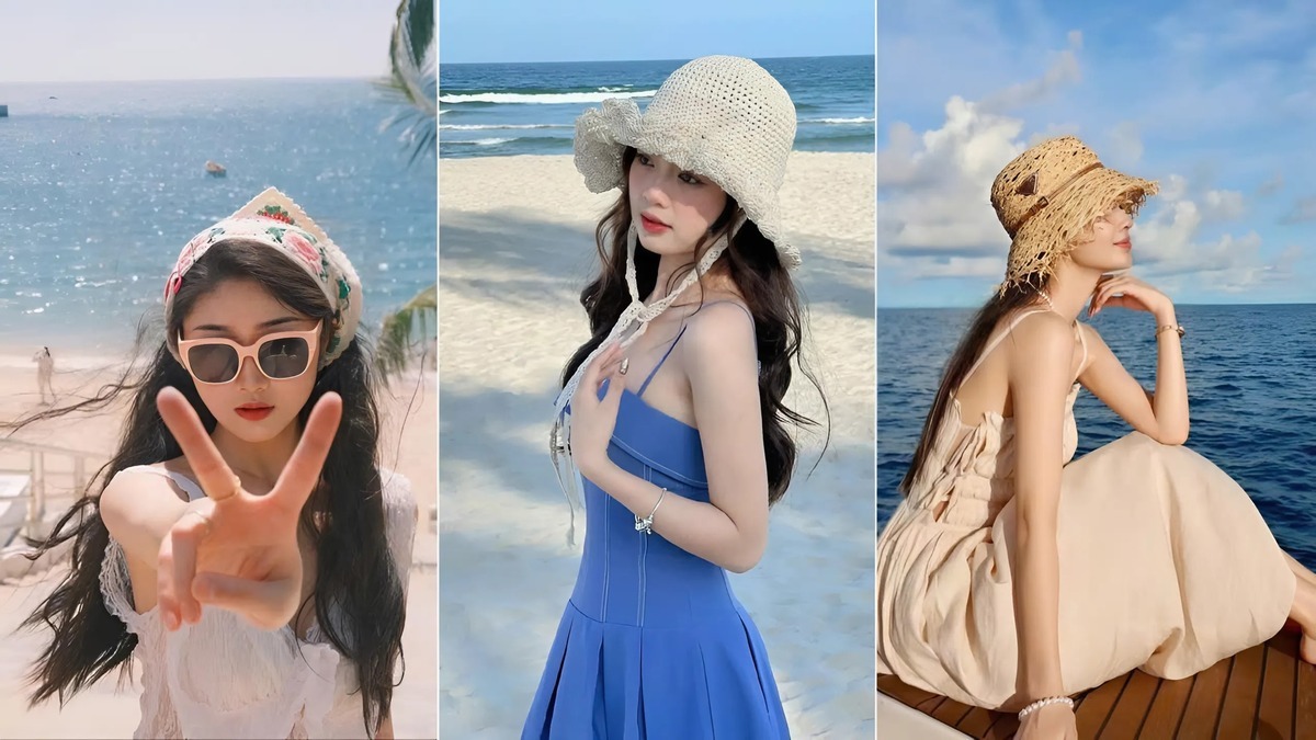 Chụp ảnh cùng nón rộng vành nổi bật giữa biển