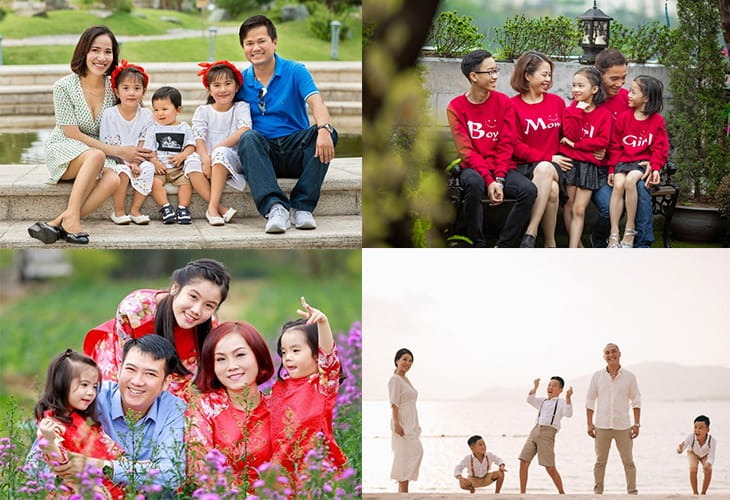Ông bà mỉm cười rạng rỡ bên cháu nhỏ giữa công viên