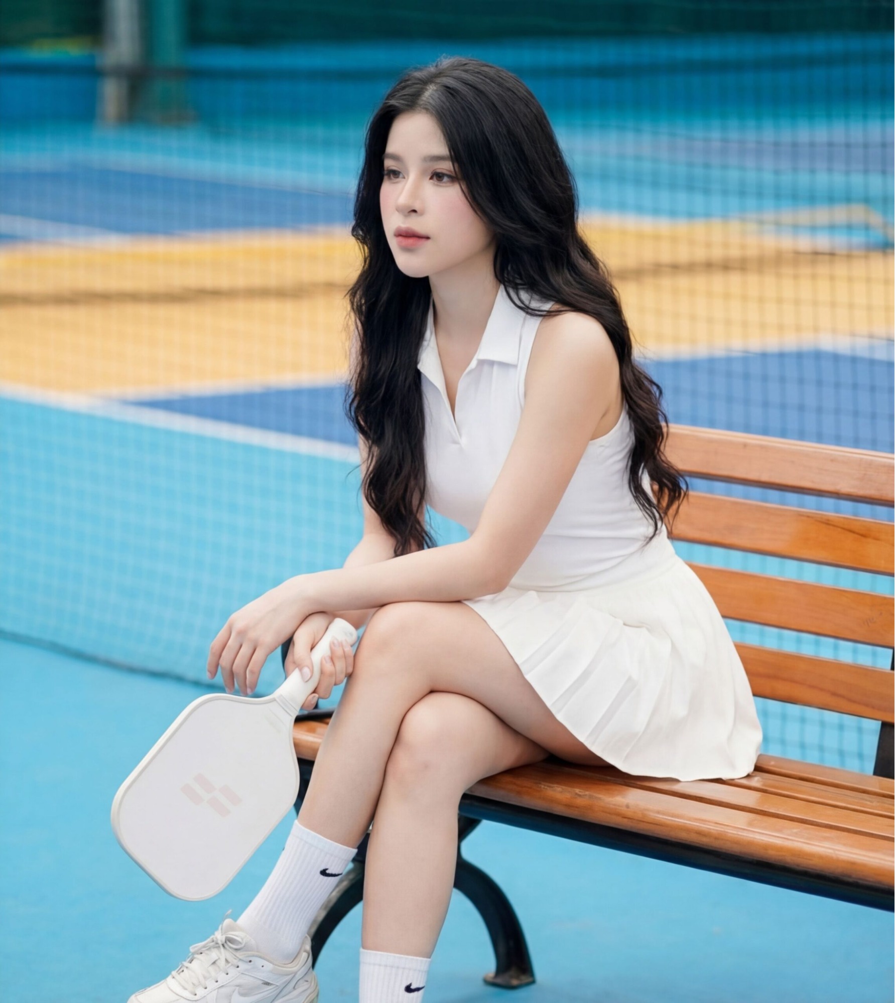 Ngồi nghỉ ngơi thư giãn trên băng ghế cùng cây vợt