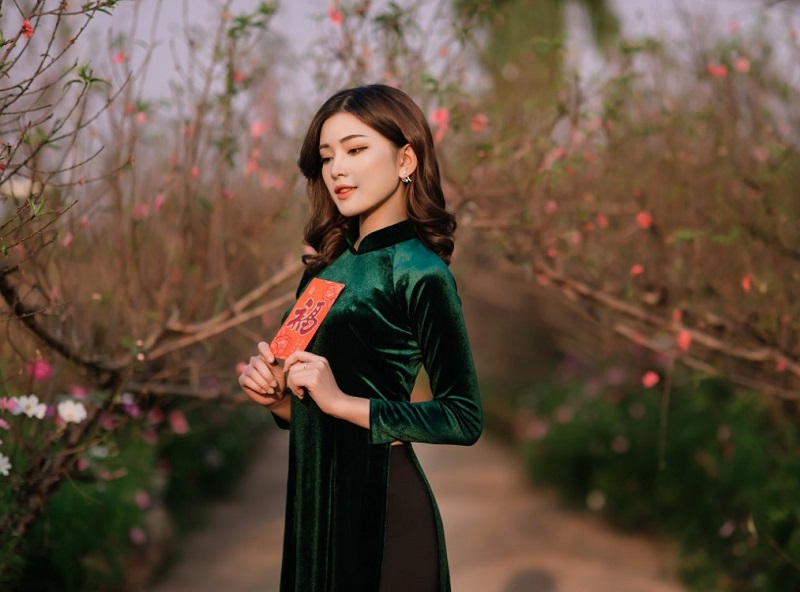 Chụp ảnh với cây đào và lì xì