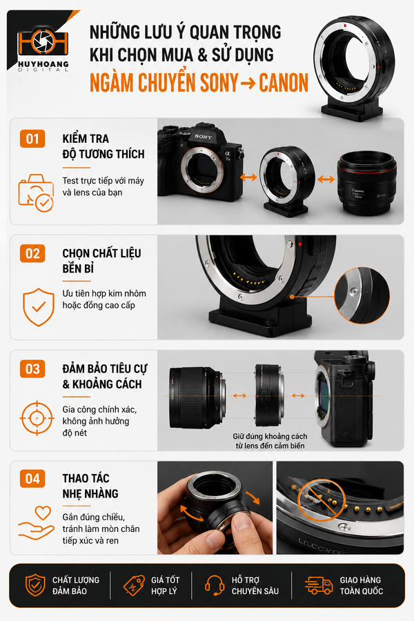 Những lưu ý quan trọng khi chọn mua và sử dụng ngàm chuyển Sony sang Canon